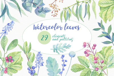 Watercolor leaves, berries, flowers