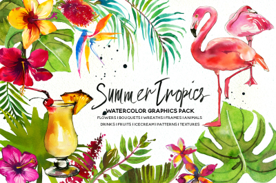 Tropic Watercolor Flowers Animals Fruits