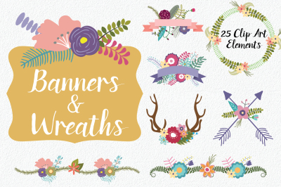 Floral Wreaths and Banners Clip Art - 25 Flower Elements