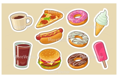 Set of fast food. Donut, ice cream, popsicle, pizza, hamburger, pizza, hotdog, cup coffee and cola
