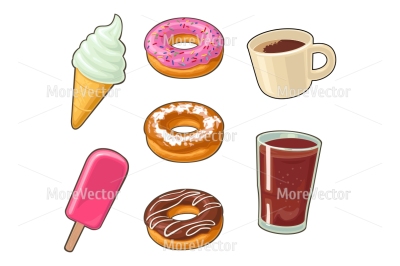 Set of sweet and cup of coffee and cola. Donut, ice cream in the cone, pink popsicle on wood stick