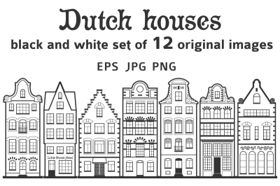 Set of 12 line style Amsterdam old houses facades