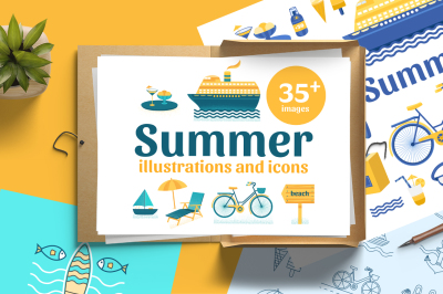Summer illustrations and line icons