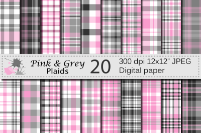 Pink and Gray Plaid Digital Paper 