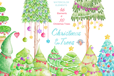 Christmas & Trees Watercolor Clipart