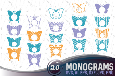 20 Butterfly Monograms Bundle SVG, DXF, JPG, PNG, DWG, AI, EPS