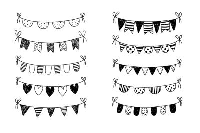 Black and white doodle bunting clipart, Hand drawn birthday banner clip art