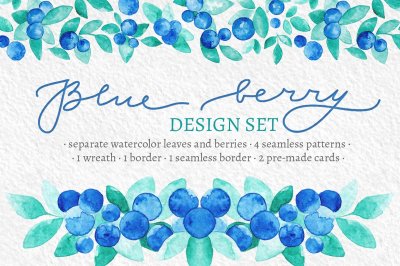 Blue Berries Watercolor Design Set