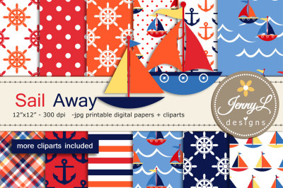Nautical Sail Away Digital Papers and Boat Clipart