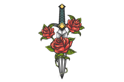 Dagger Knife and Rose Flowers Drawn in Tattoo Style