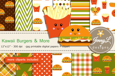 Kawaii Burgers Digital Papers and Clipart