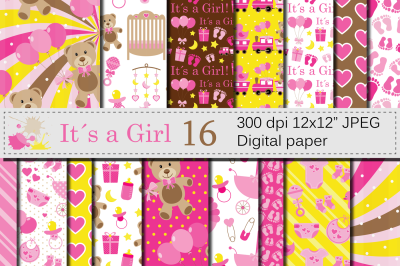 It´s a Girl Digital Papers, Baby Girl Pink Digital Paper