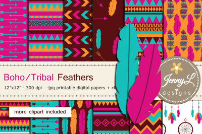 Boho Feather Tribal digital papers and clipart SET