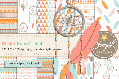 Pastel Boho digital papers and Feather Dream Catcher clipart SET