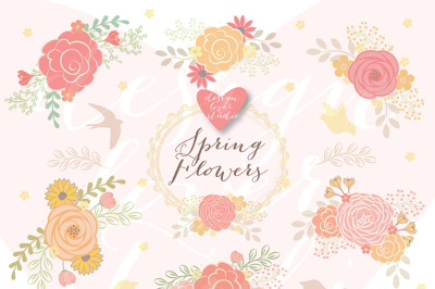 Vector Floral clipart, Spring flower clipart, Pink Floral Clipart, Leaf clipart, Wedding Clip Art