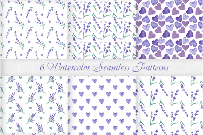 Watercolor Lavender Seamless Patterns Set