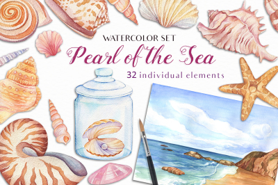 Watercolor Seashells-Perl of the Sea