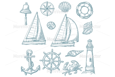 Set sea adventure. Anchor, wheel, sailing ship, compass rose, shell, crab, bell, lifebuoy, lighthouse 