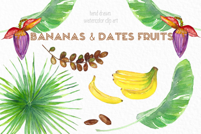Bananas and dates fruits Watercolor clipart