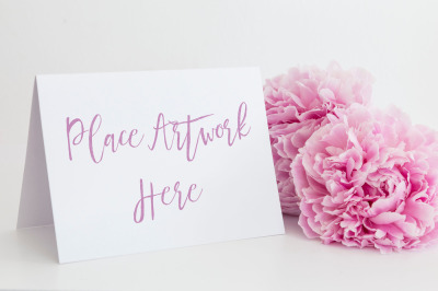 Pink peonies with white A6 card mockup styled desktop