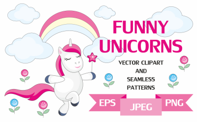 Funny unicorns. Vector clipart and seamless patterns.