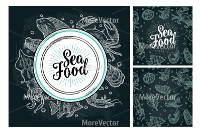 Square poster and seamless pattern sea food with lettering on the plate. Cuttlefish, oyster, star, crab, shrimp, fish. 