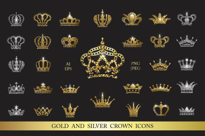 Set of gold and silver crown icons.