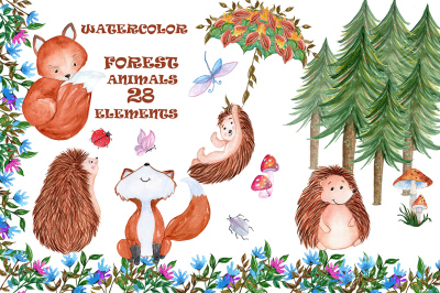 Watercolor forest animals clip art