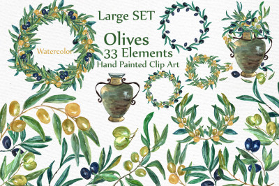 Watercolor Olive clip art set
