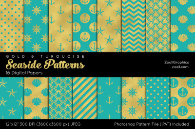 Seaside Patterns – Gold And Turquoise Digital Papers