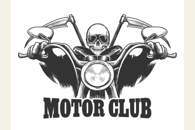 Motor Club Emblem Death on a motorcycle in  glasses  with scythes. Biker symbol drawn engraving style. Vector illustration