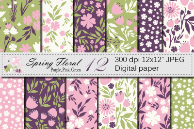 Seamless Floral Digital Paper, Hand Drawn Flowers - Pink Purple Green