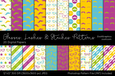 Glasses, Lashes And Staches Patterns Digital Papers