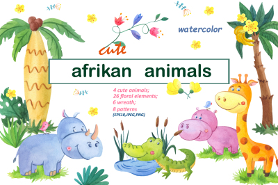 Cute afrikan animals.Watercolor set.