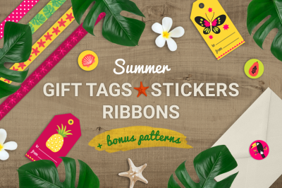 Summer Tags, Stickers, Ribbons + Patterns