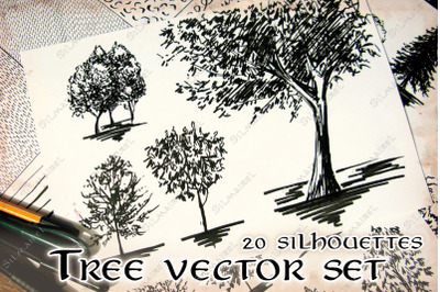 20 Tree silhouette sketch set vector