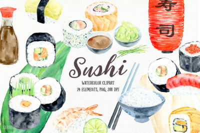 Watercolor clipart Sushi Japanese Food