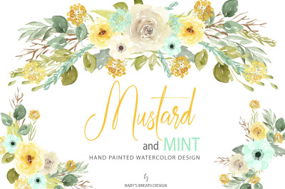Watercolor Mustard and Mint Flower Clip Art Hand Drawn Flowers