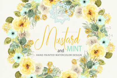 Watercolor Mustard and Mint Flower Clip Art Hand Drawn Flowers wreaths