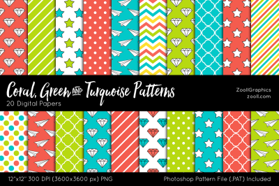 Coral, Green & Turquoise Digital Papers