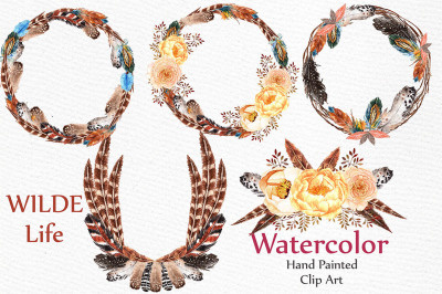 Watercolor feather wreaths clipart