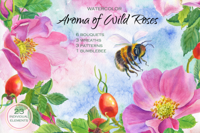 Aroma of Wild Roses. Watercolor set.