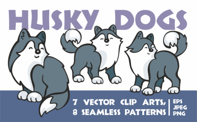 Cute husky dogs. Vector clip arts and seamless patterns.