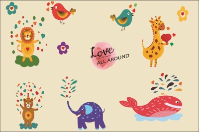 Love is All around-Romantic Animals illustration Vector Pack