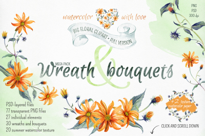 Watercolor wreathes and flowers. Full version.