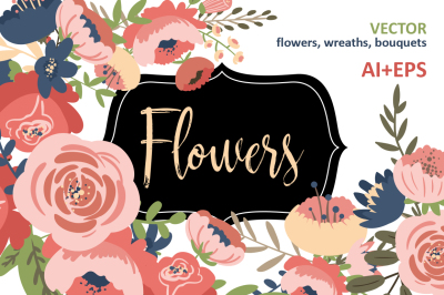 Vector floral set: flowers, bouquets, wreaths