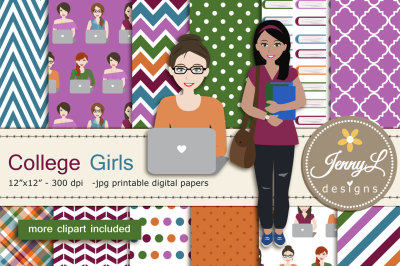 College Girls Digital Papers & Clipart SET