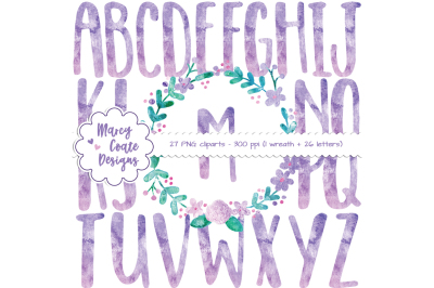 Watercolor Wreath &amp; Alphabet (purple &amp; pink)