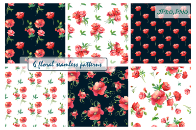 Watercolor poppies.6 patterns.