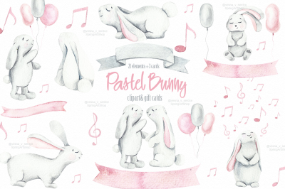 Baby bunny watercolor clipart, cards